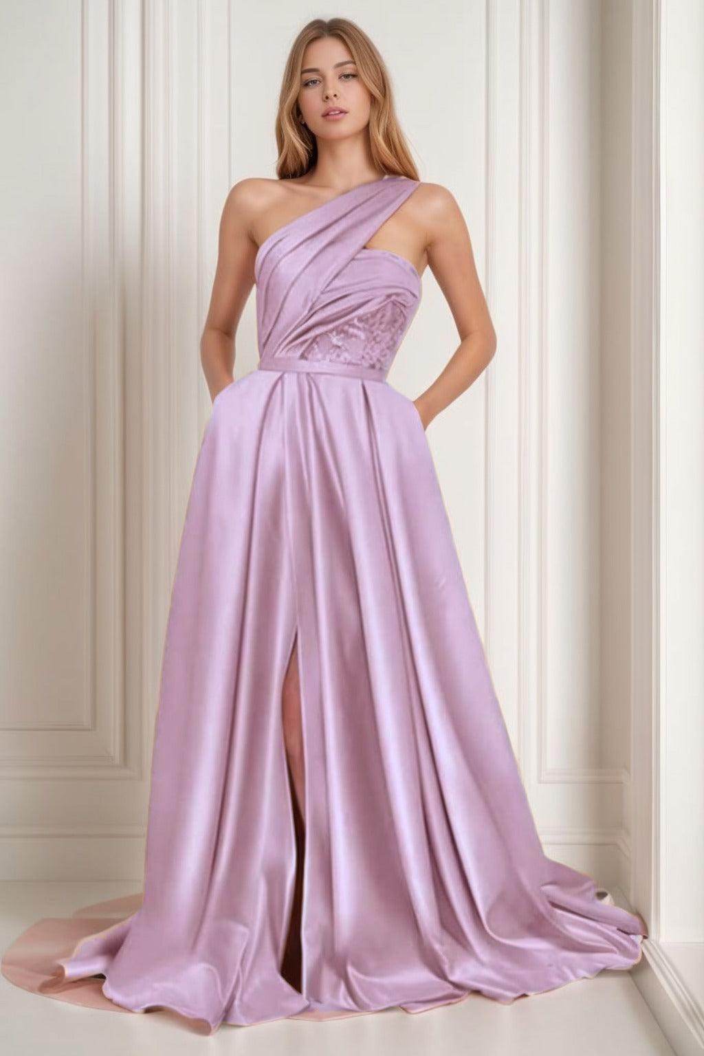 A-Line Sweep-Brush Train Satin Prom Dress CS0429