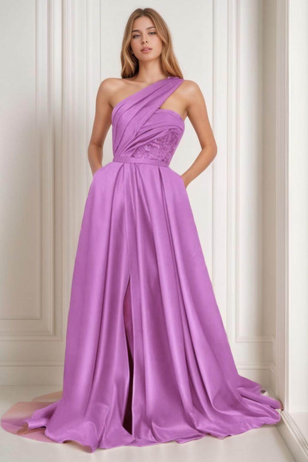A-Line Sweep-Brush Train Satin Prom Dress CS0429