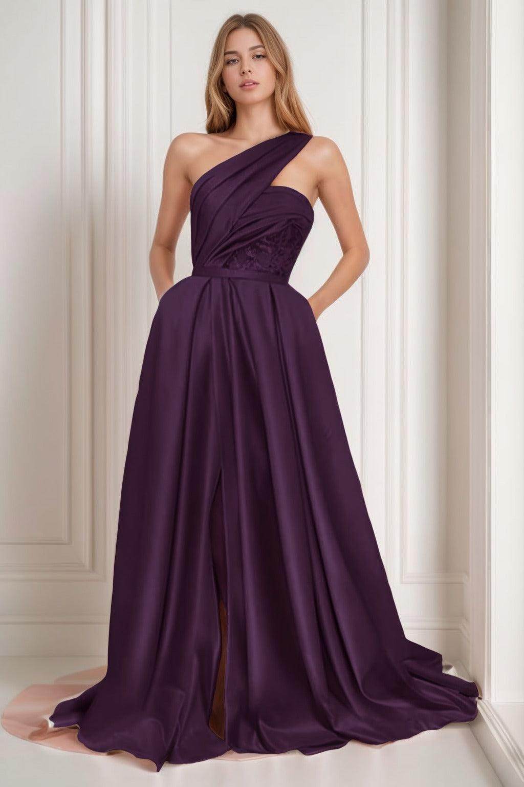 A-Line Sweep-Brush Train Satin Prom Dress CS0429