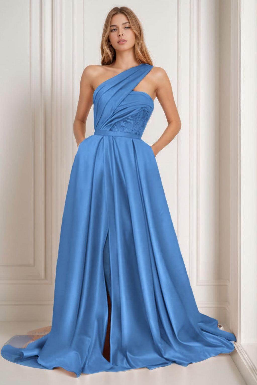 A-Line Sweep-Brush Train Satin Prom Dress CS0429