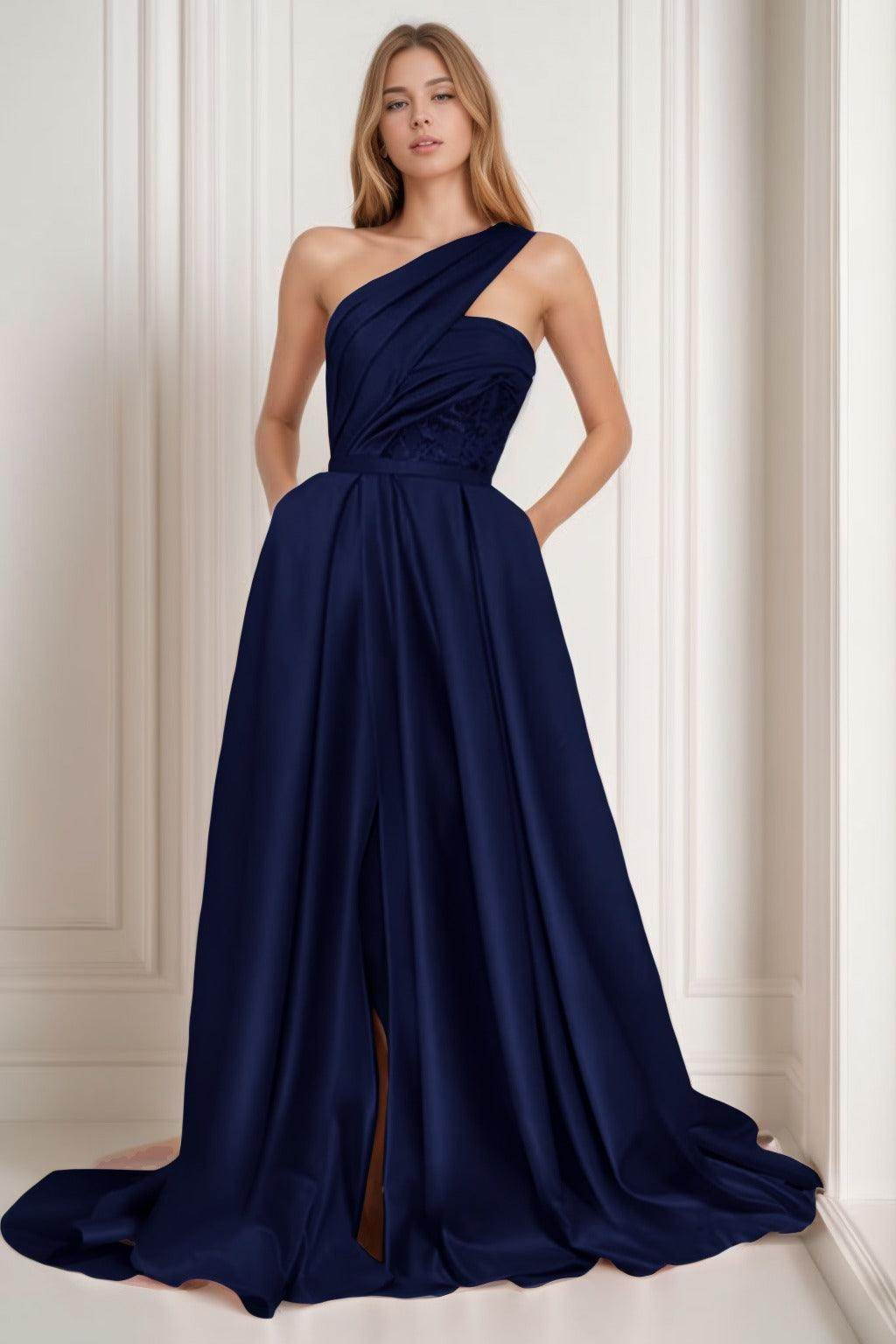 A-Line Sweep-Brush Train Satin Prom Dress CS0429