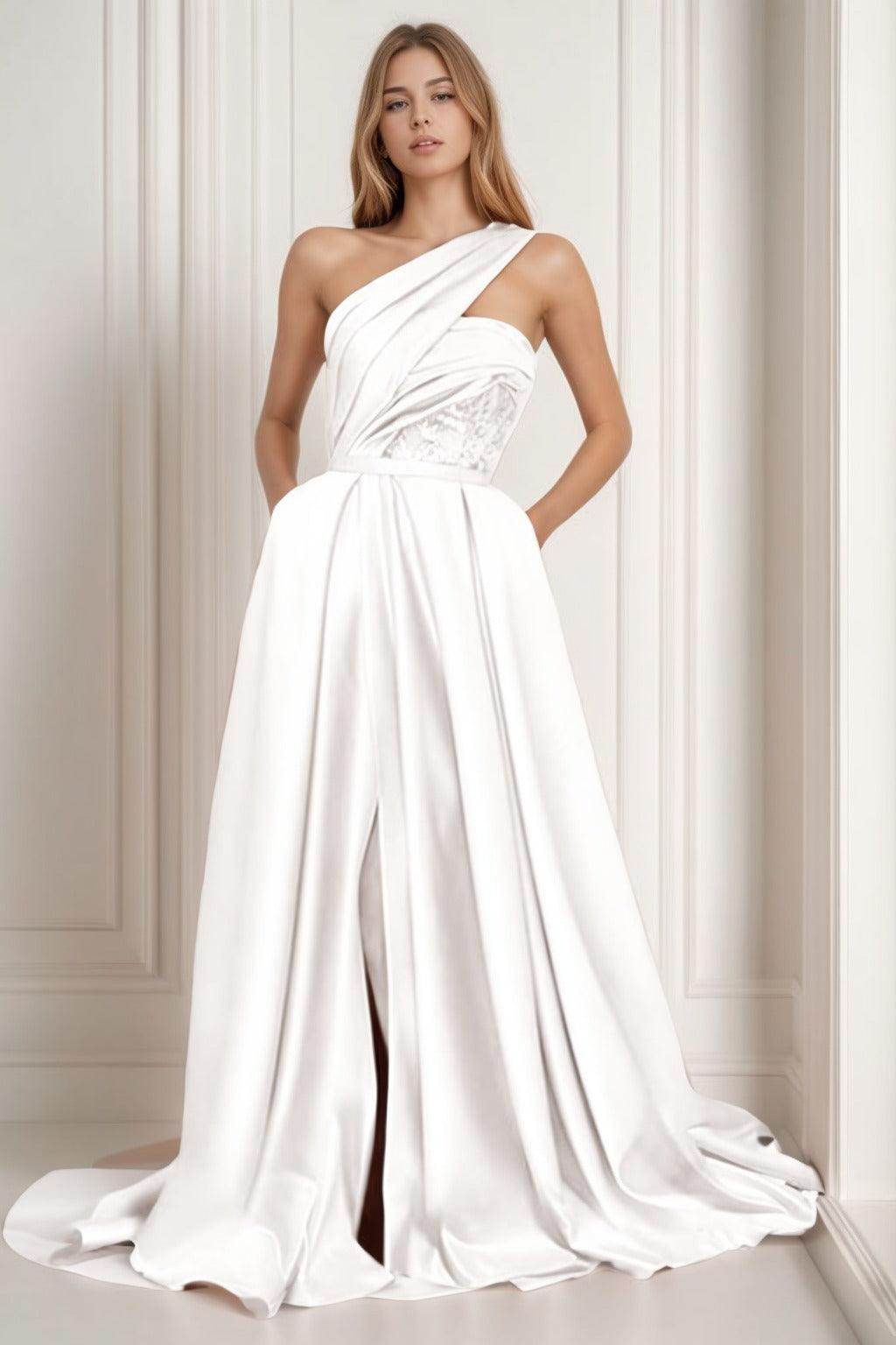 A-Line Sweep-Brush Train Satin Prom Dress CS0429
