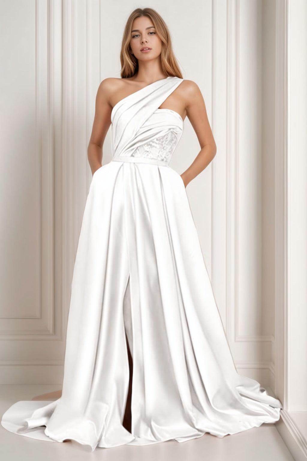 A-Line Sweep-Brush Train Satin Prom Dress CS0429