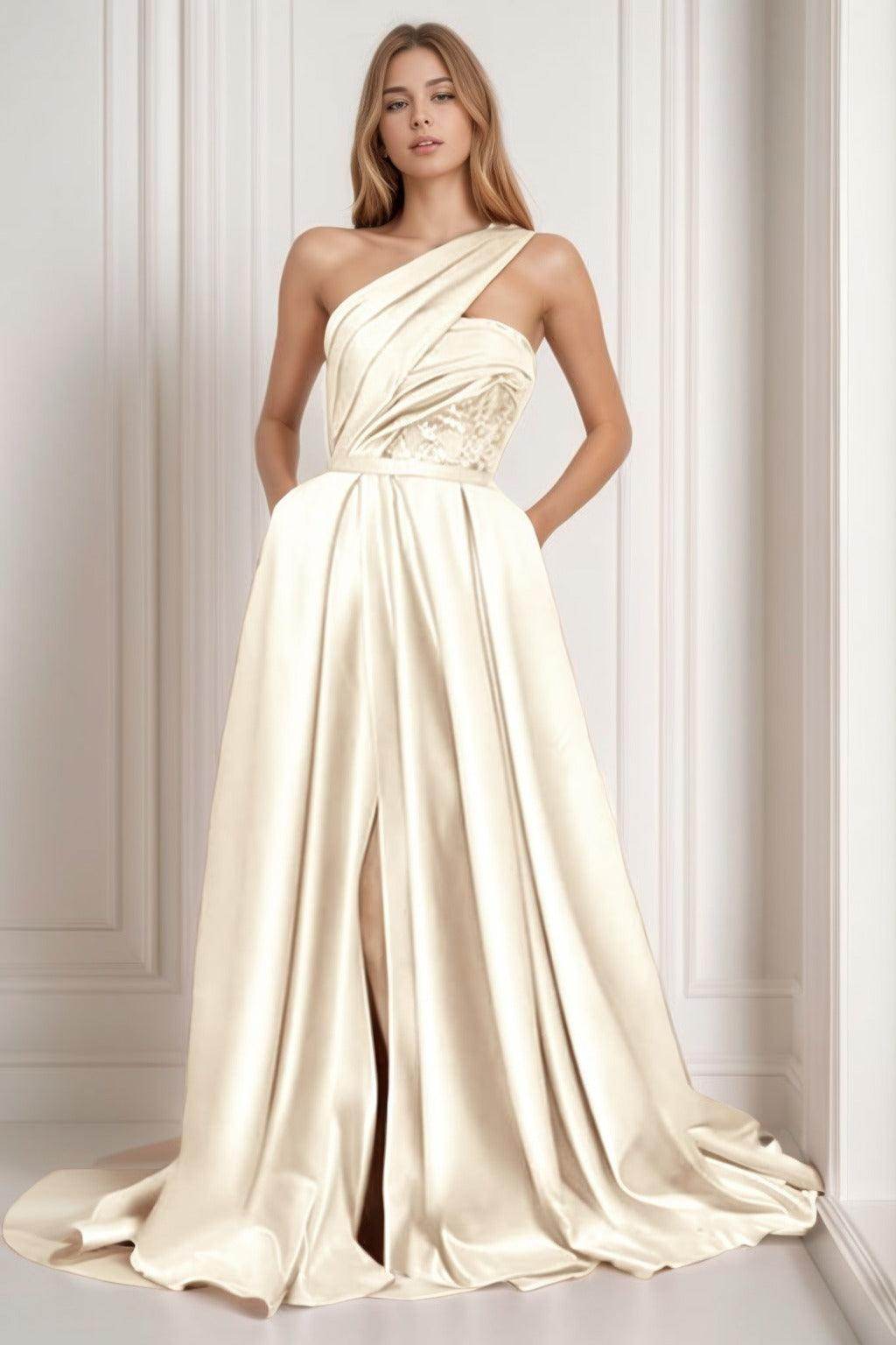 A-Line Sweep-Brush Train Satin Prom Dress CS0429