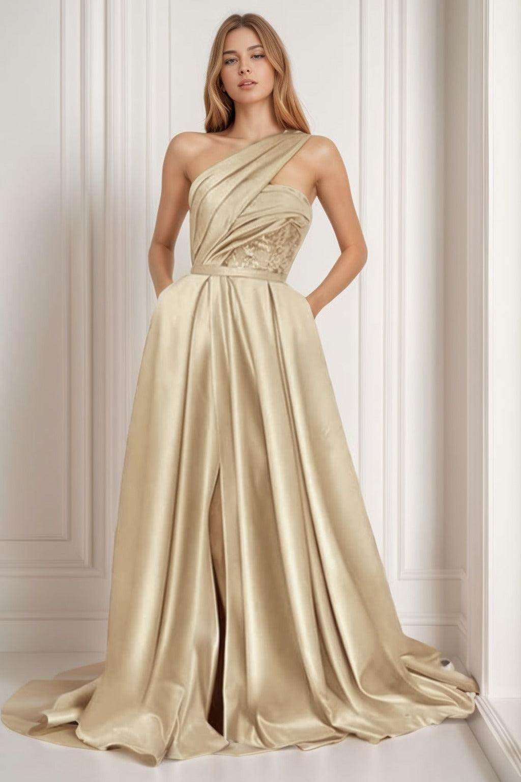 A-Line Sweep-Brush Train Satin Prom Dress CS0429