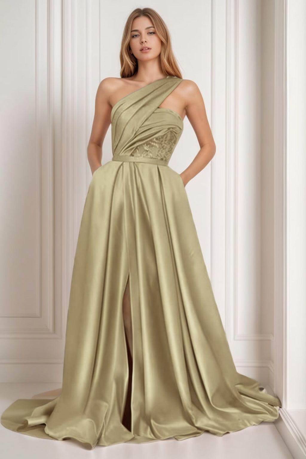A-Line Sweep-Brush Train Satin Prom Dress CS0429