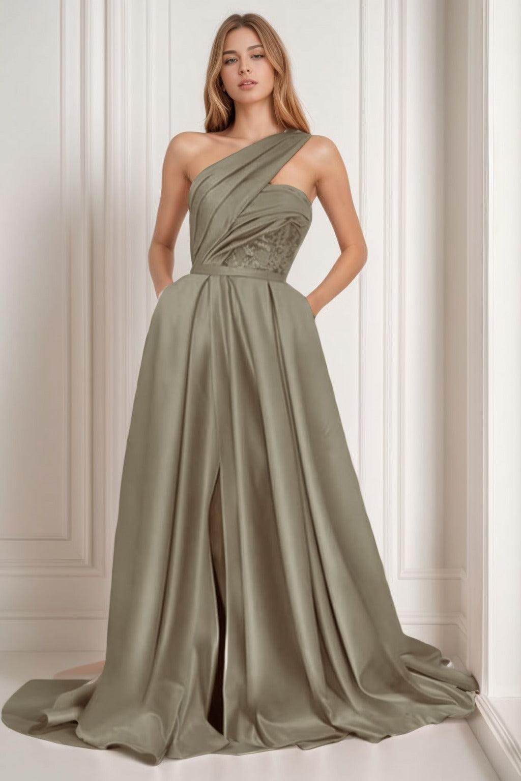 A-Line Sweep-Brush Train Satin Prom Dress CS0429