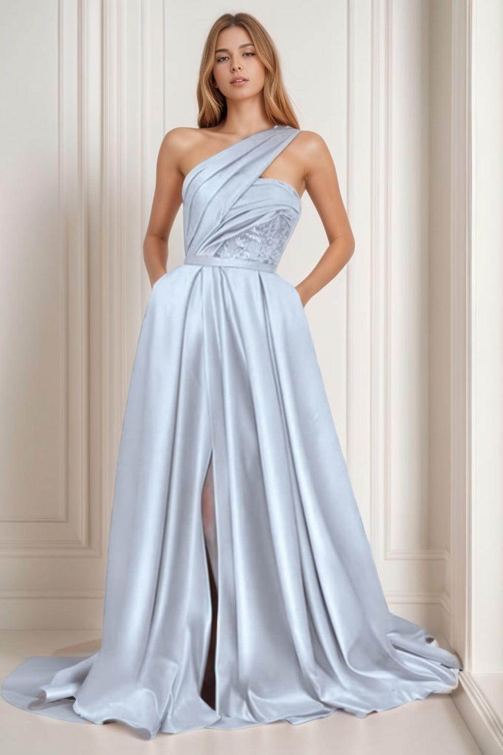 A-Line Sweep-Brush Train Satin Prom Dress CS0429