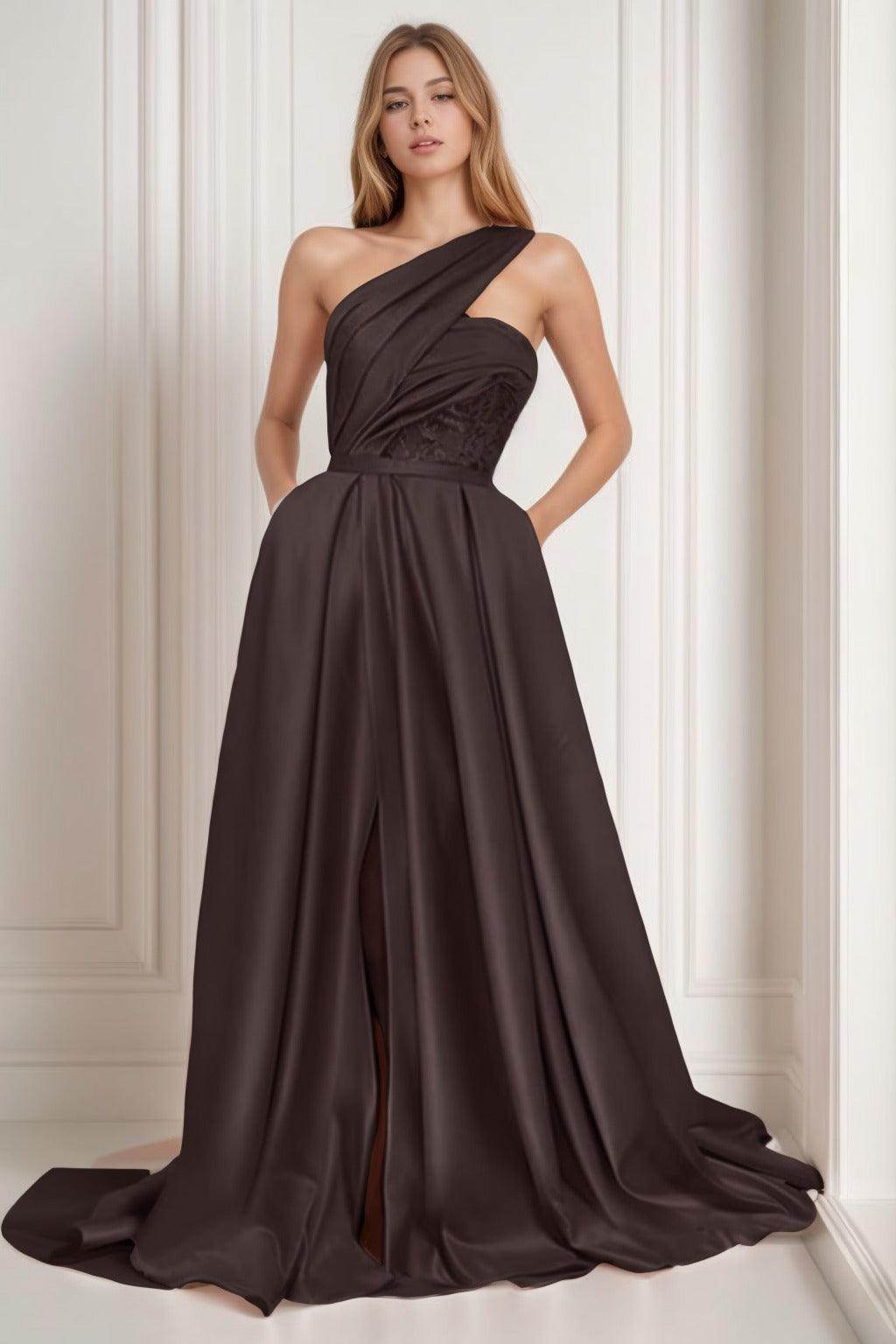 A-Line Sweep-Brush Train Satin Prom Dress CS0429
