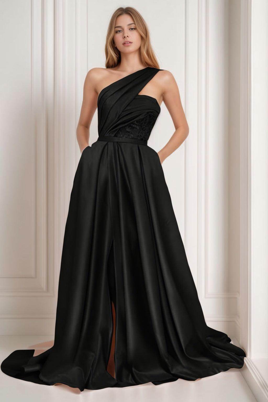 A-Line Sweep-Brush Train Satin Prom Dress CS0429