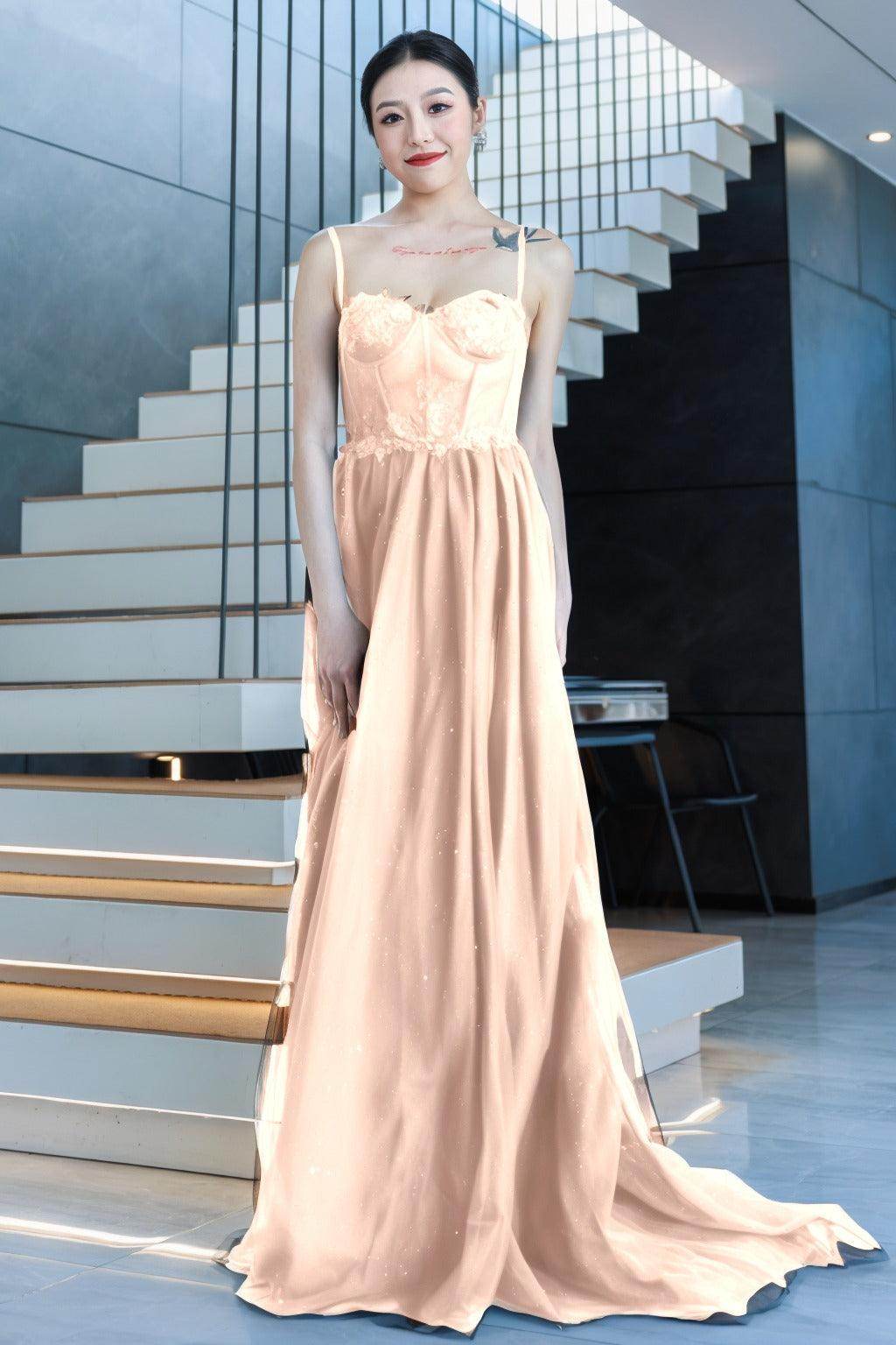 A-Line Sweep-Brush Train Tulle Prom Dress CS0480