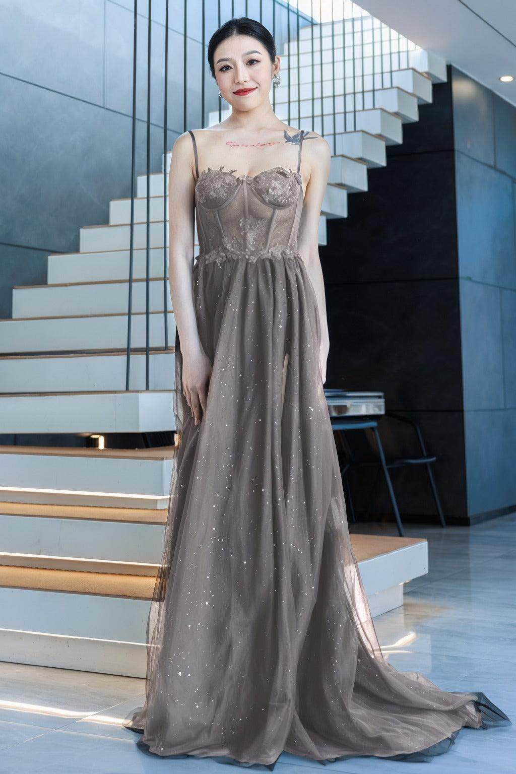 A-Line Sweep-Brush Train Tulle Prom Dress CS0480