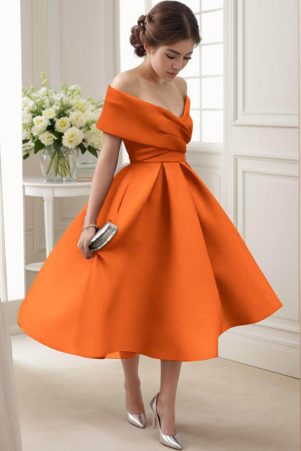 A-Line Tea Length Satin Graduation Dresses CS0556