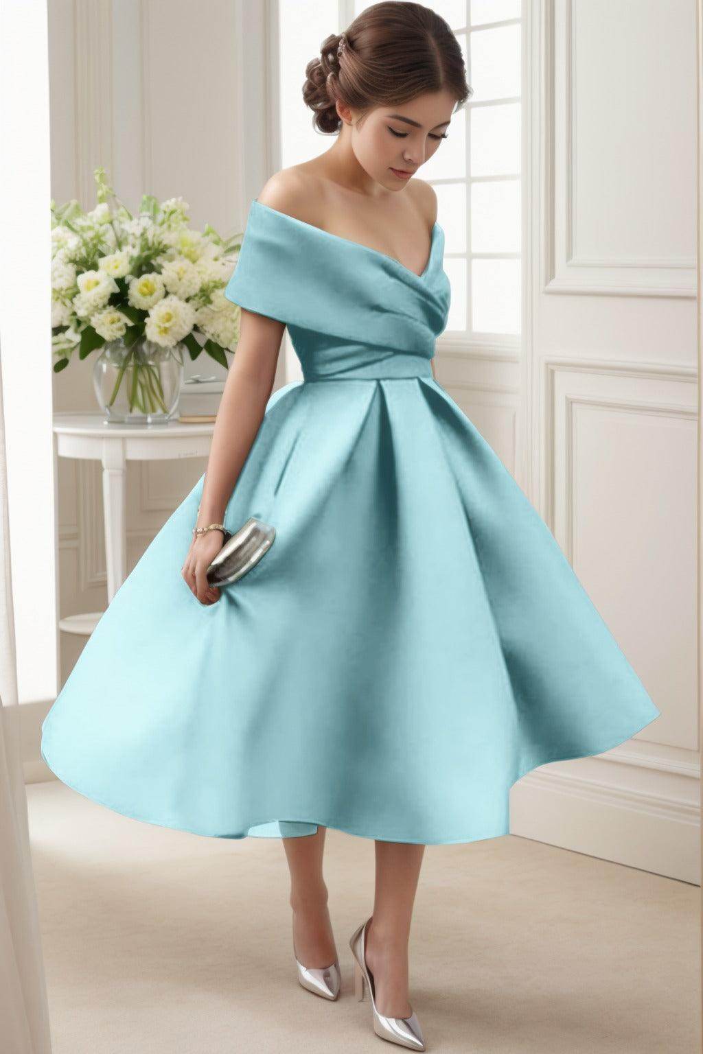 A-Line Tea Length Satin Graduation Dresses CS0556