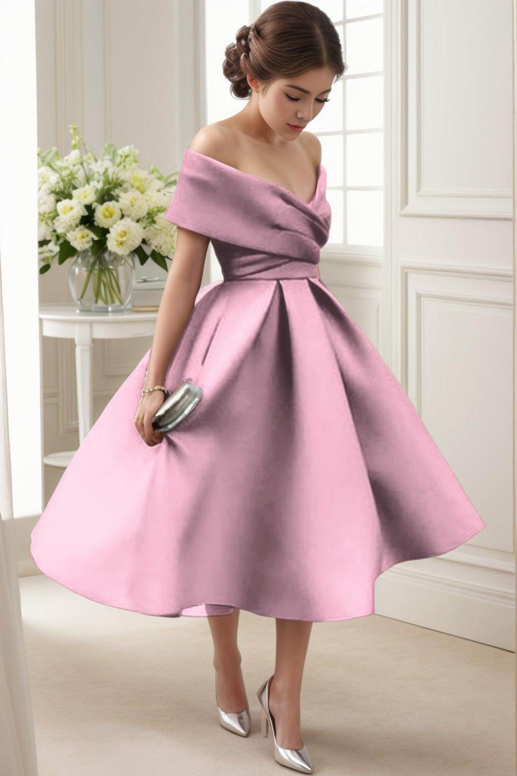 A-Line Tea Length Satin Graduation Dresses CS0556