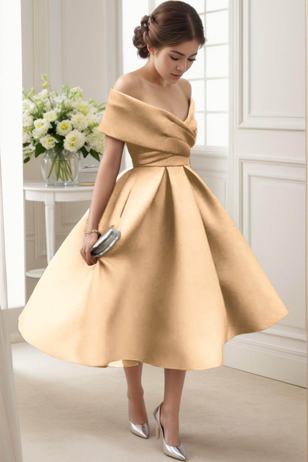 A-Line Tea Length Satin Graduation Dresses CS0556