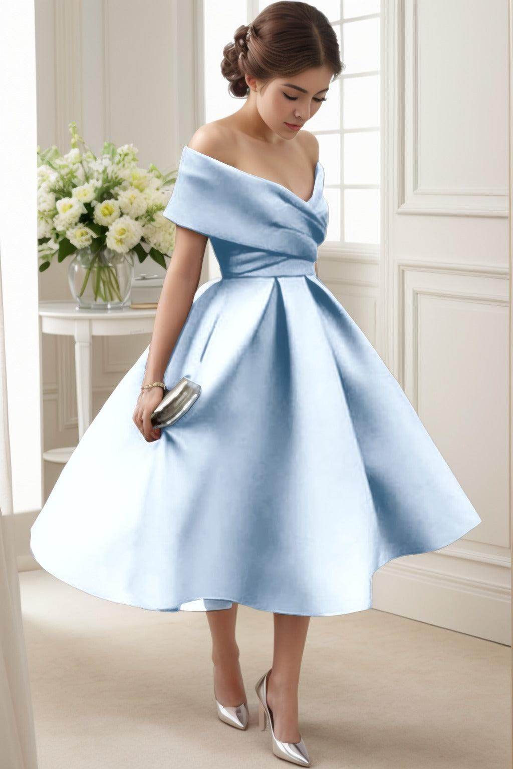 A-Line Tea Length Satin Graduation Dresses CS0556