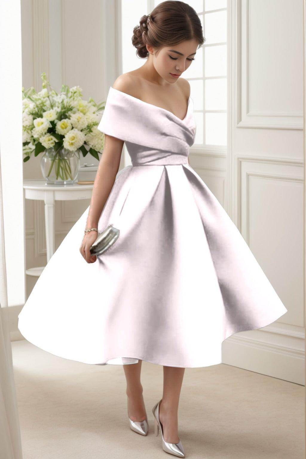 A-Line Tea Length Satin Graduation Dresses CS0556
