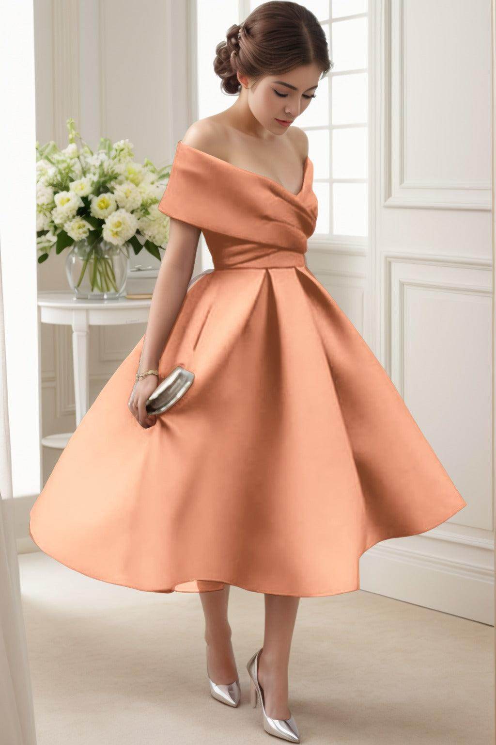 A-Line Tea Length Satin Graduation Dresses CS0556