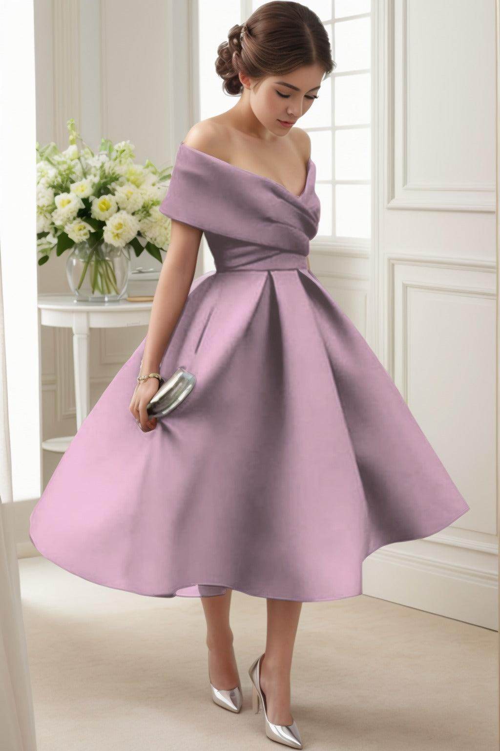 A-Line Tea Length Satin Graduation Dresses CS0556