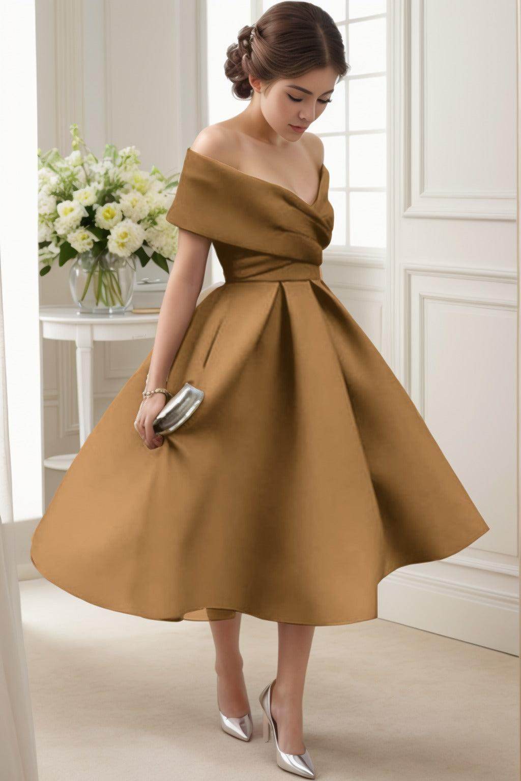 A-Line Tea Length Satin Graduation Dresses CS0556