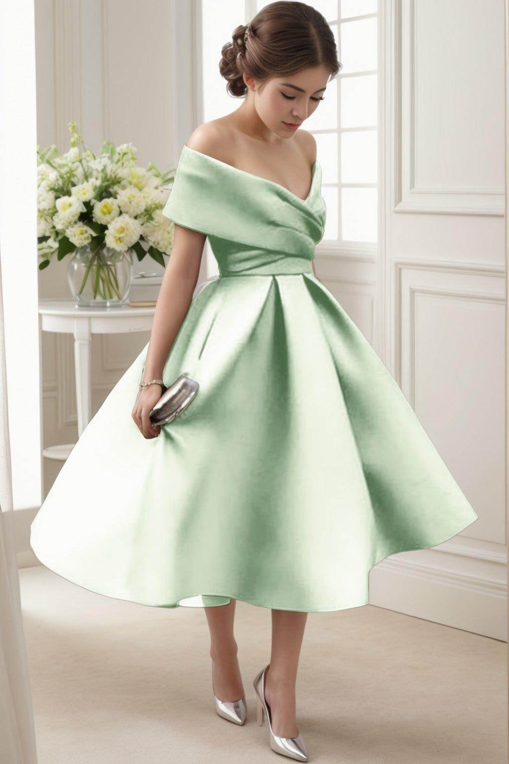 A-Line Tea Length Satin Graduation Dresses CS0556