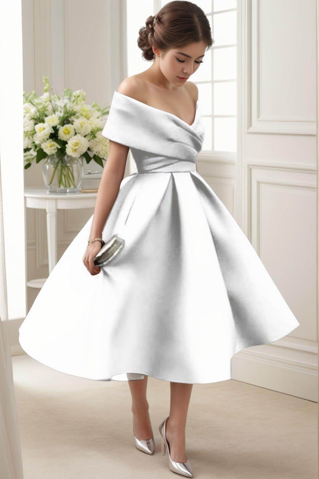 A-Line Tea Length Satin Graduation Dresses CS0556