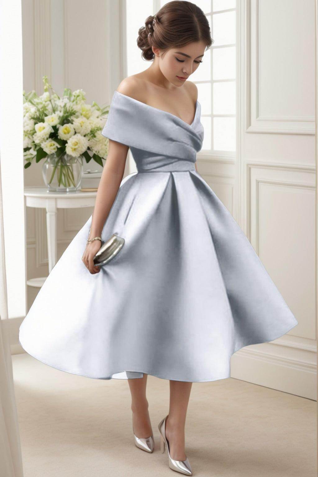 A-Line Tea Length Satin Graduation Dresses CS0556