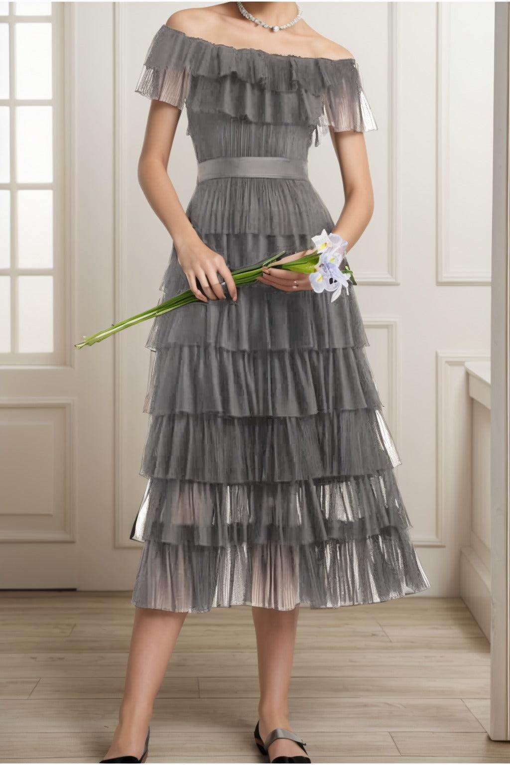 A-Line Tea Length Tulle Graduation Dresses CS0557