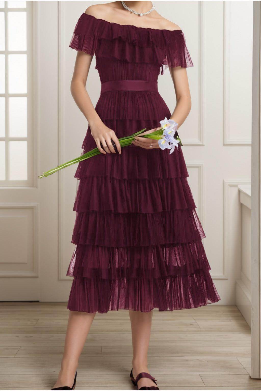 A-Line Tea Length Tulle Graduation Dresses CS0557
