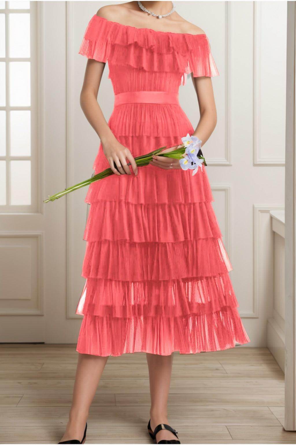 A-Line Tea Length Tulle Graduation Dresses CS0557