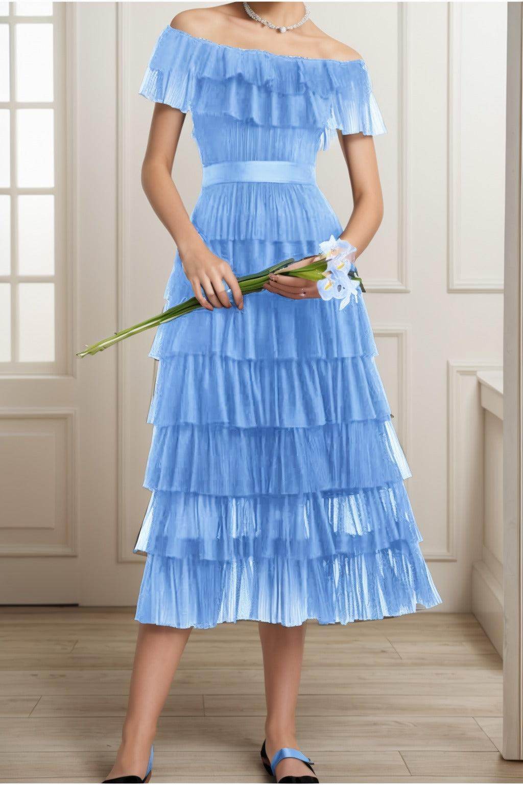 A-Line Tea Length Tulle Graduation Dresses CS0557