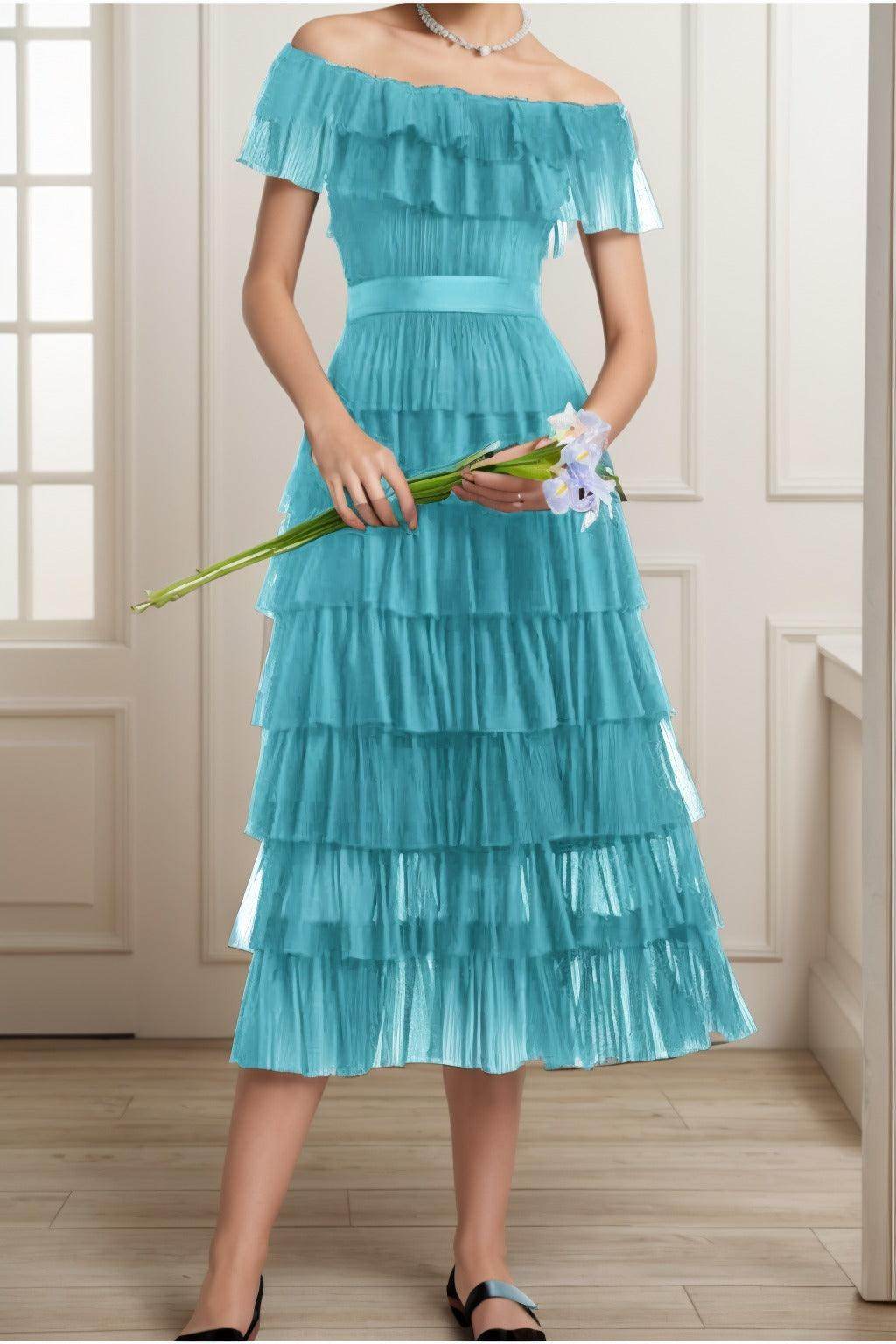 A-Line Tea Length Tulle Graduation Dresses CS0557