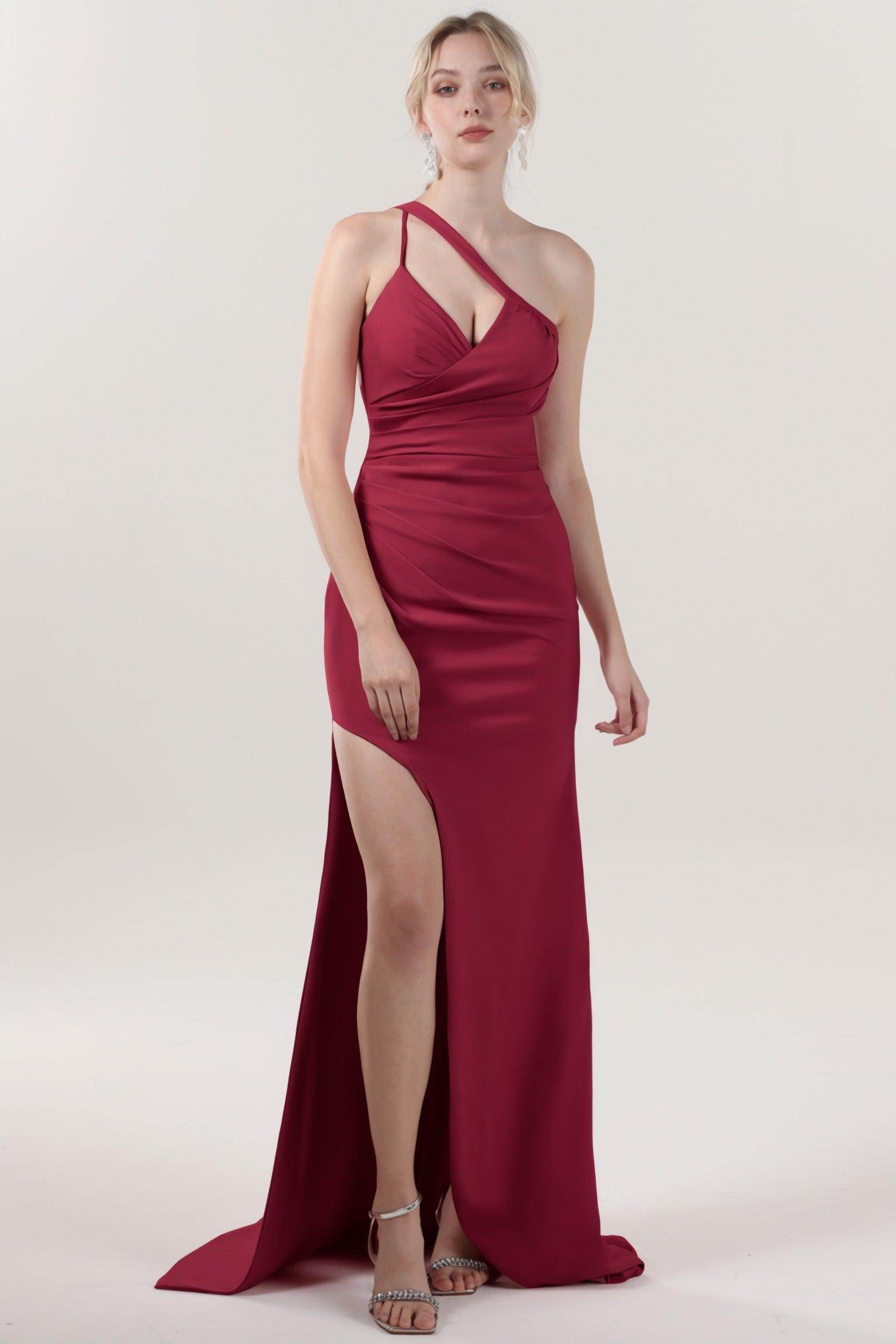 Sheath-Column Sweep-Brush Train Stretch Crepe Formal Dress CS0589