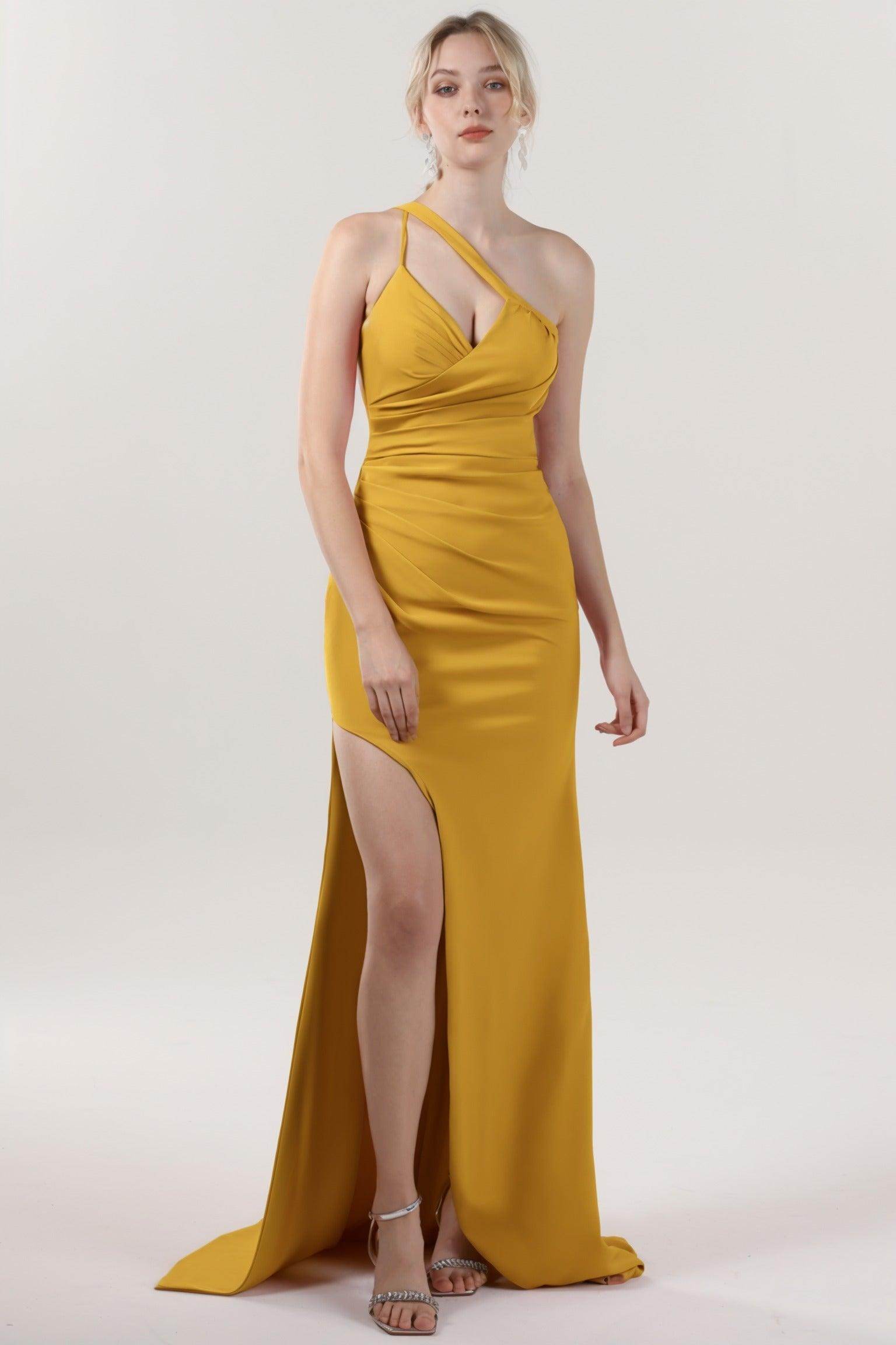 Sheath-Column Sweep-Brush Train Stretch Crepe Formal Dress CS0589