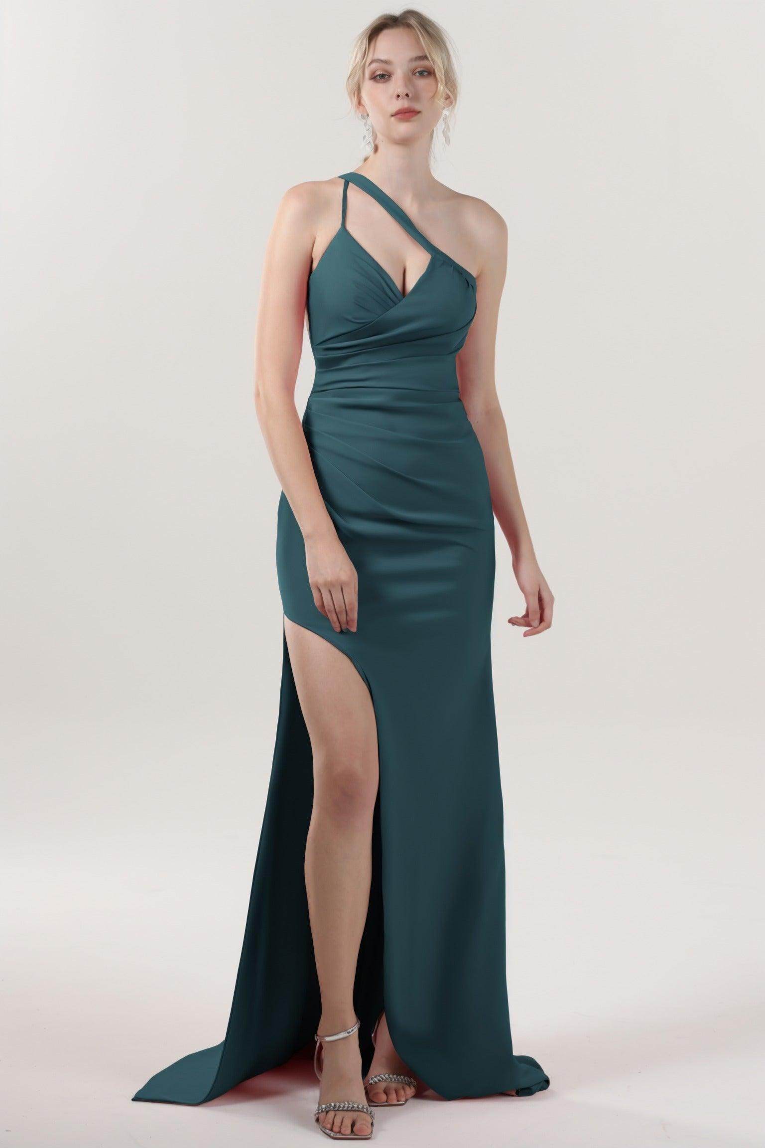 Sheath-Column Sweep-Brush Train Stretch Crepe Formal Dress CS0589