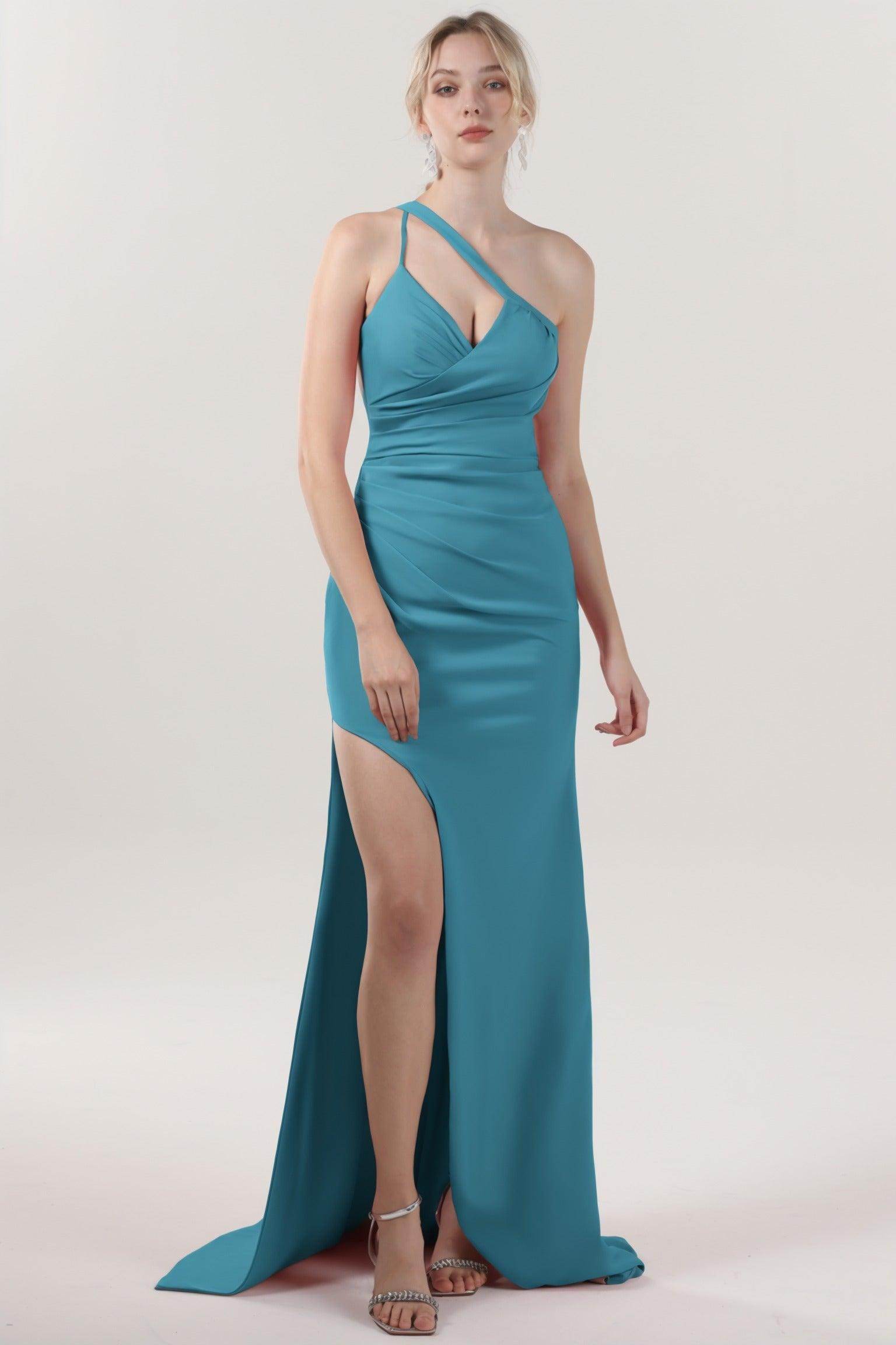 Sheath-Column Sweep-Brush Train Stretch Crepe Formal Dress CS0589