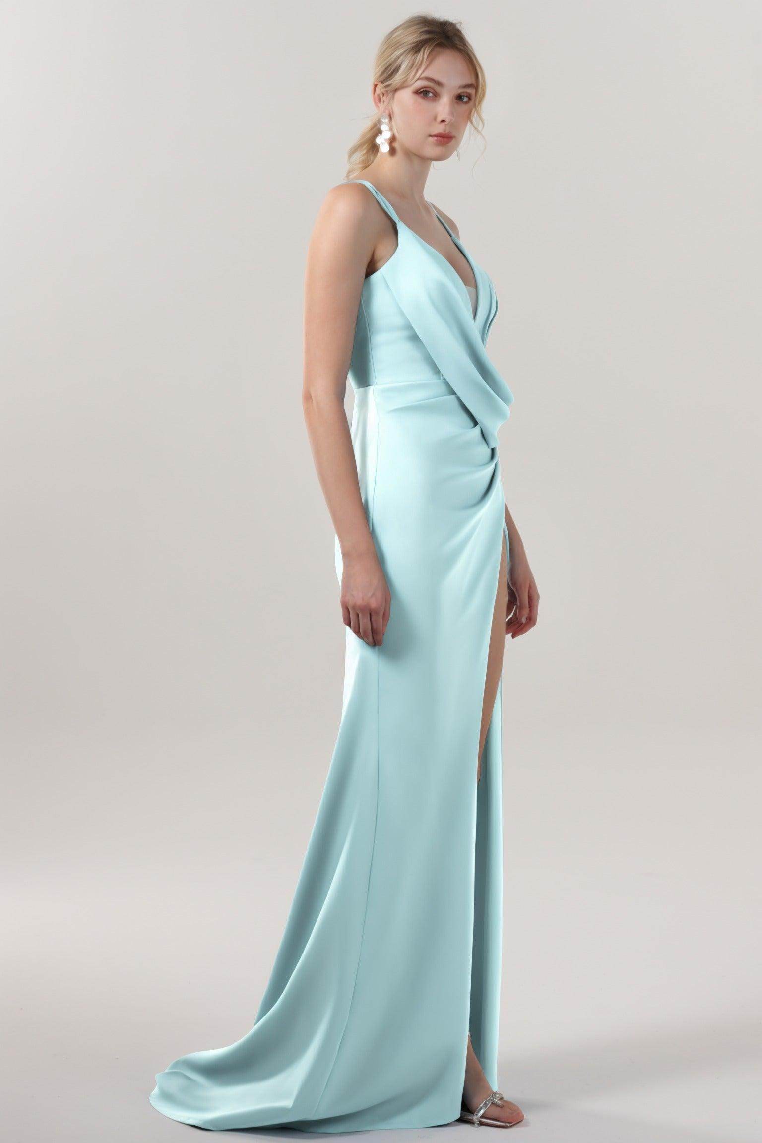 Sheath-Column Sweep-Brush Train Stretch Crepe Formal Dress CS0594
