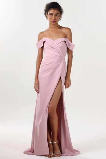 Sheath-Column Sweep-Brush Train Stretch Crepe Formal Dress CS0595
