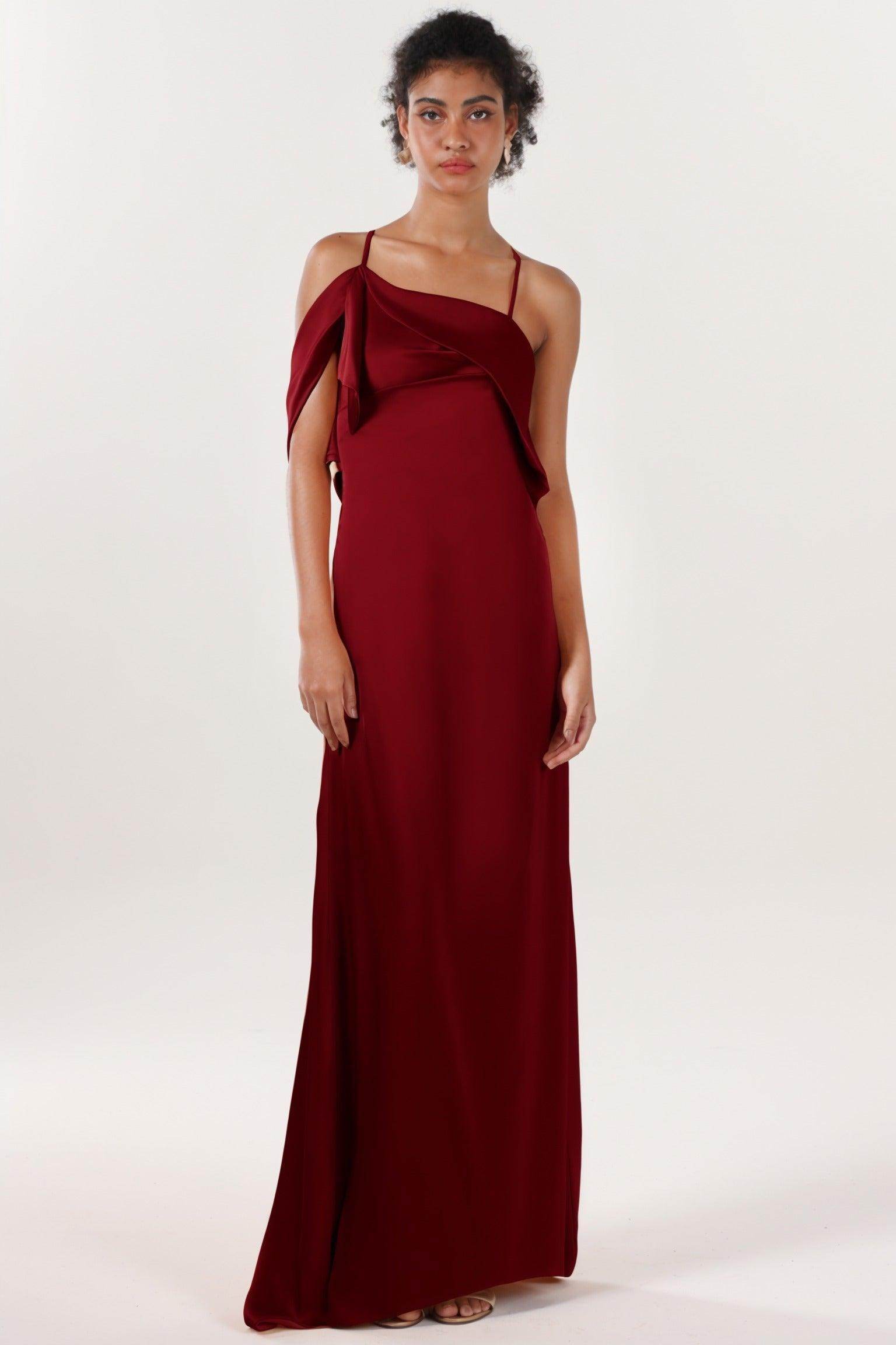 Sheath-Column Sweep-Brush Train Luxe Satin Bridesmaid Dress CS0598BM