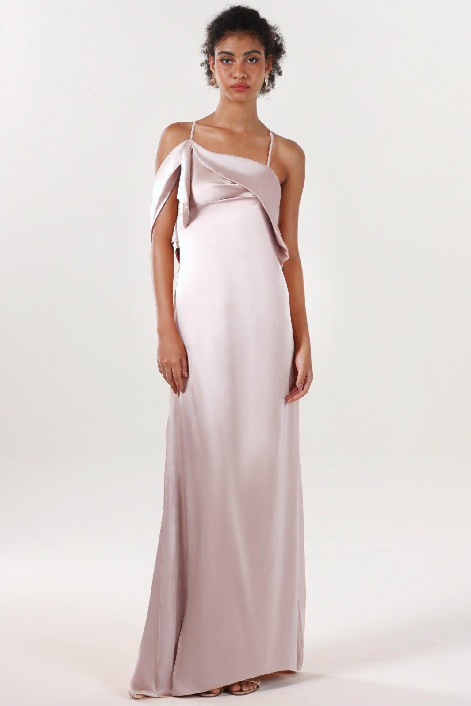 Sheath-Column Sweep-Brush Train Luxe Satin Bridesmaid Dress CS0598BM