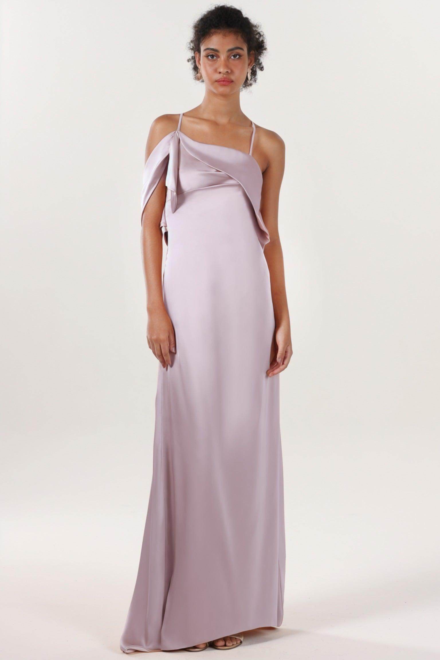 Sheath-Column Sweep-Brush Train Luxe Satin Bridesmaid Dress CS0598BM