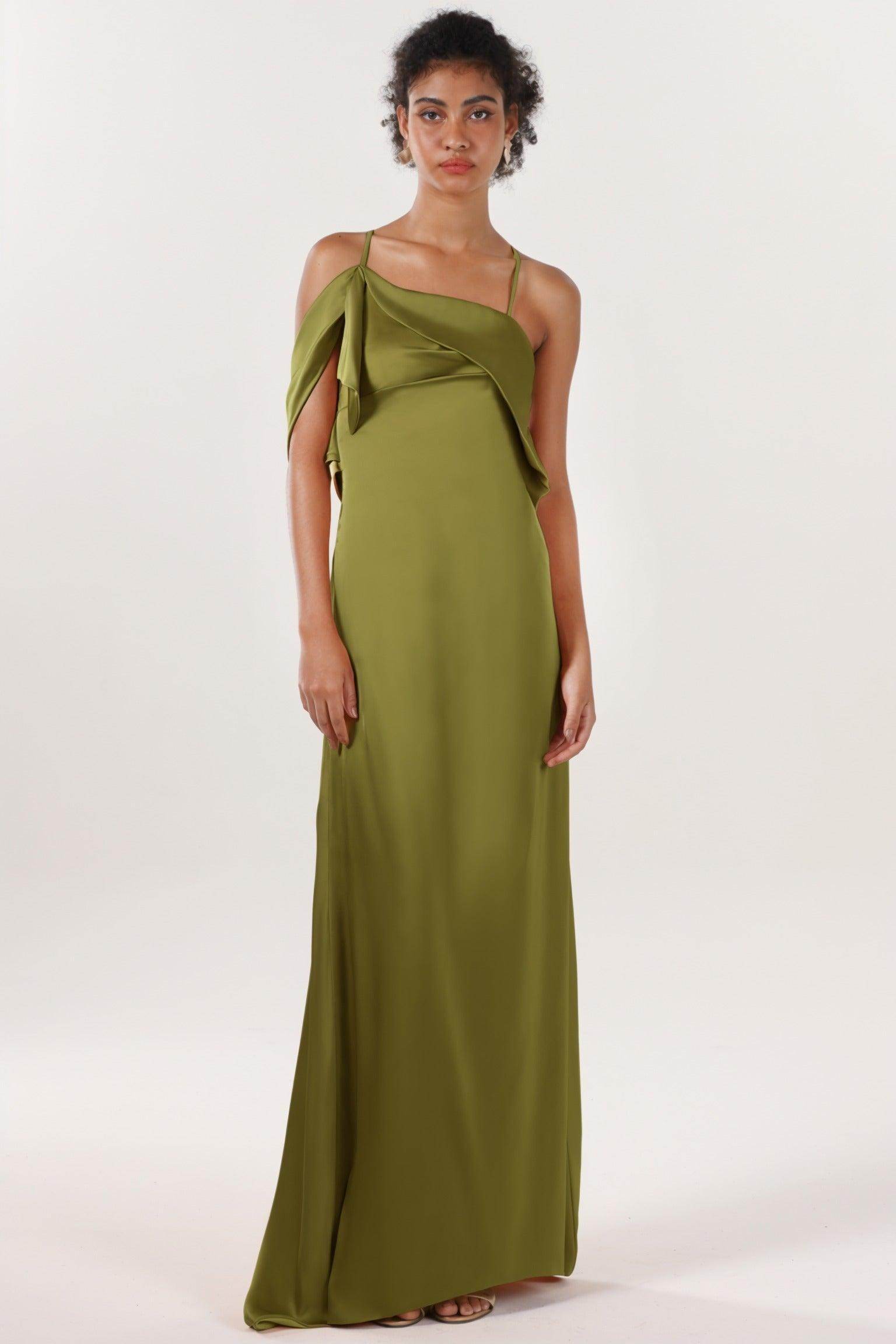 Sheath-Column Sweep-Brush Train Luxe Satin Bridesmaid Dress CS0598BM