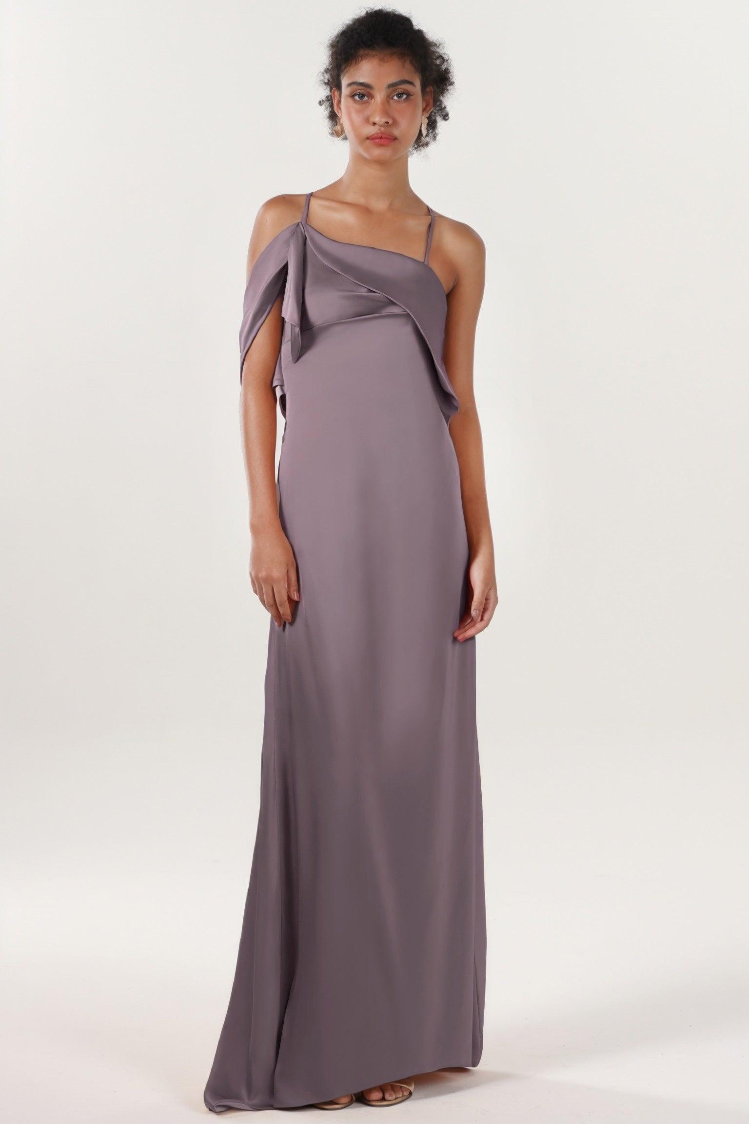 Sheath-Column Sweep-Brush Train Luxe Satin Bridesmaid Dress CS0598BM