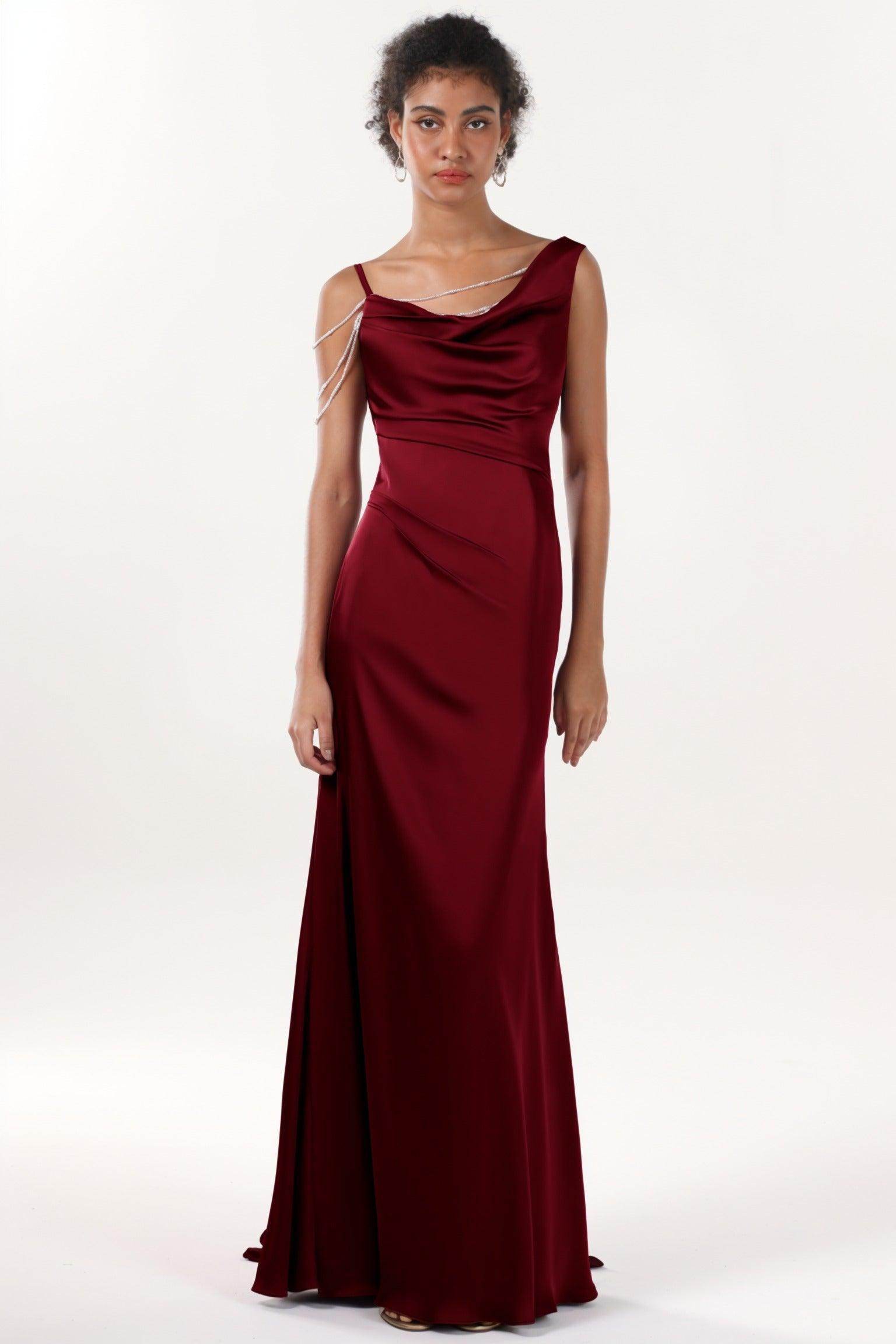Sheath-Column Sweep-Brush Train Luxe Satin Bridesmaid Dress CS0600BM