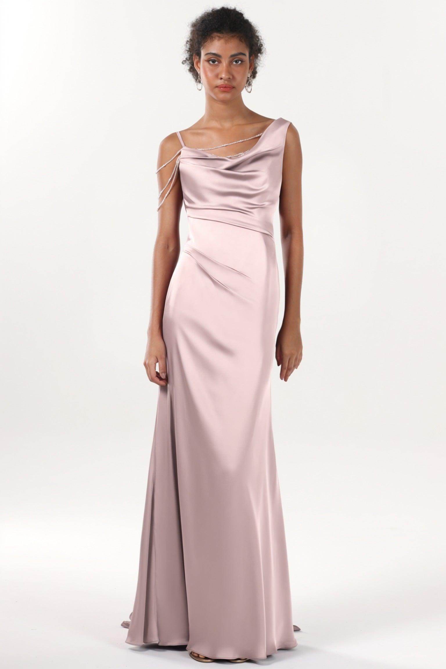 Sheath-Column Sweep-Brush Train Luxe Satin Bridesmaid Dress CS0600BM