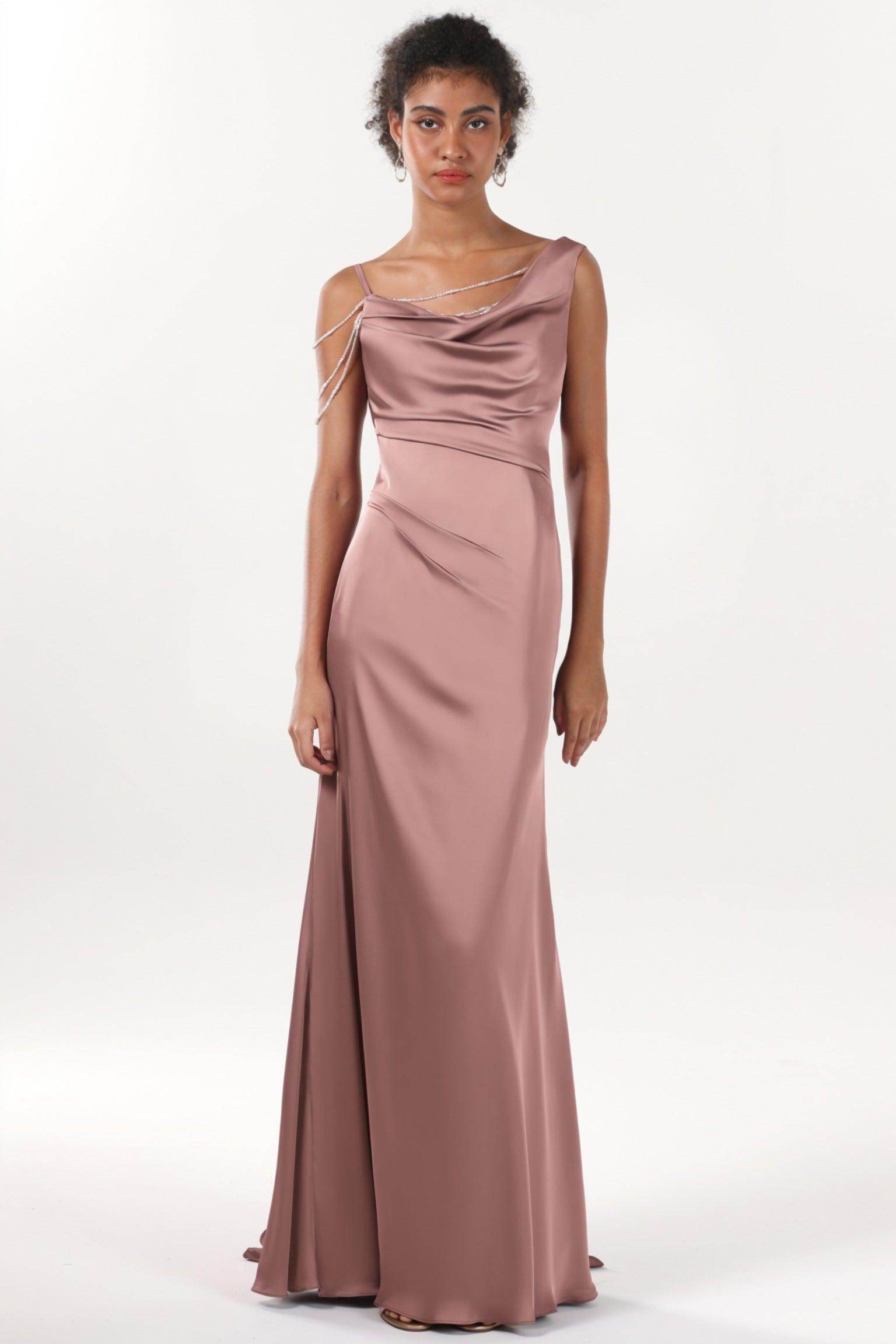 Sheath-Column Sweep-Brush Train Luxe Satin Bridesmaid Dress CS0600BM