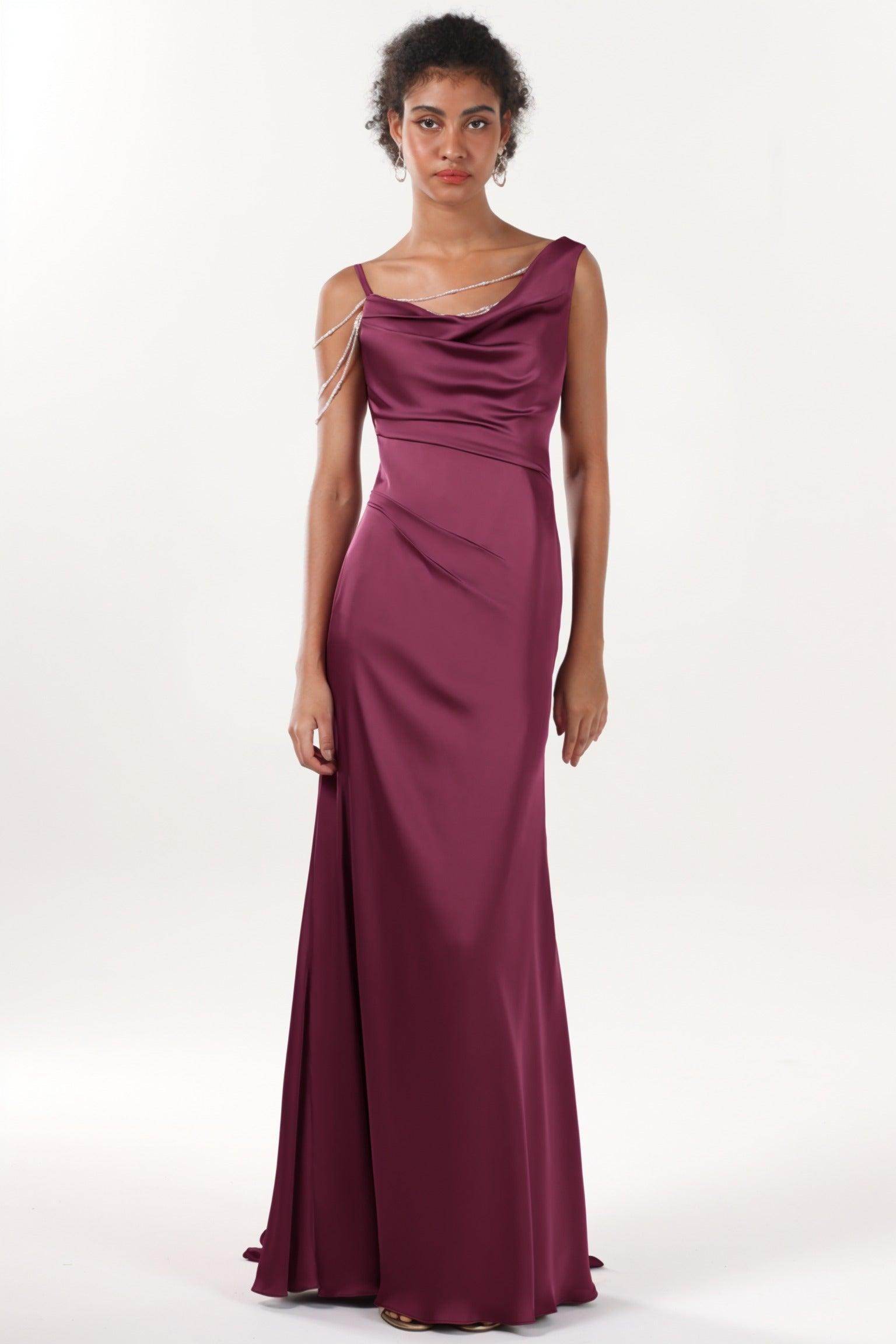 Sheath-Column Sweep-Brush Train Luxe Satin Bridesmaid Dress CS0600BM