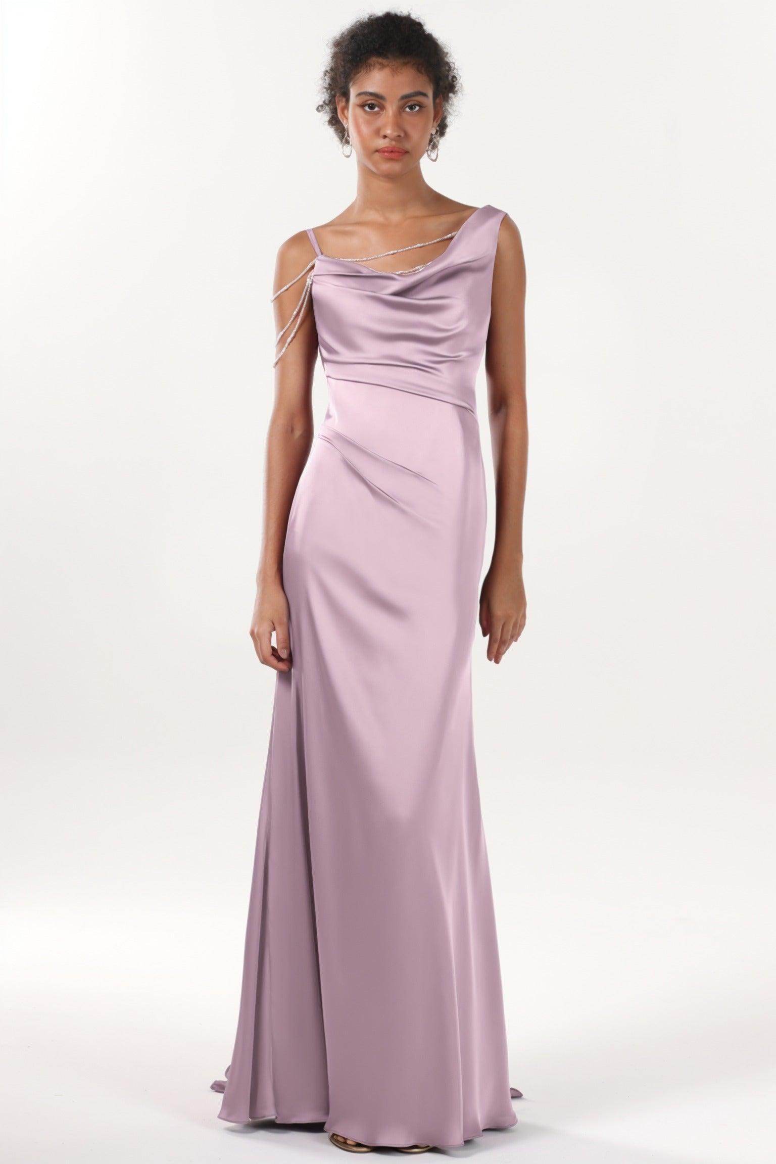 Sheath-Column Sweep-Brush Train Luxe Satin Bridesmaid Dress CS0600BM
