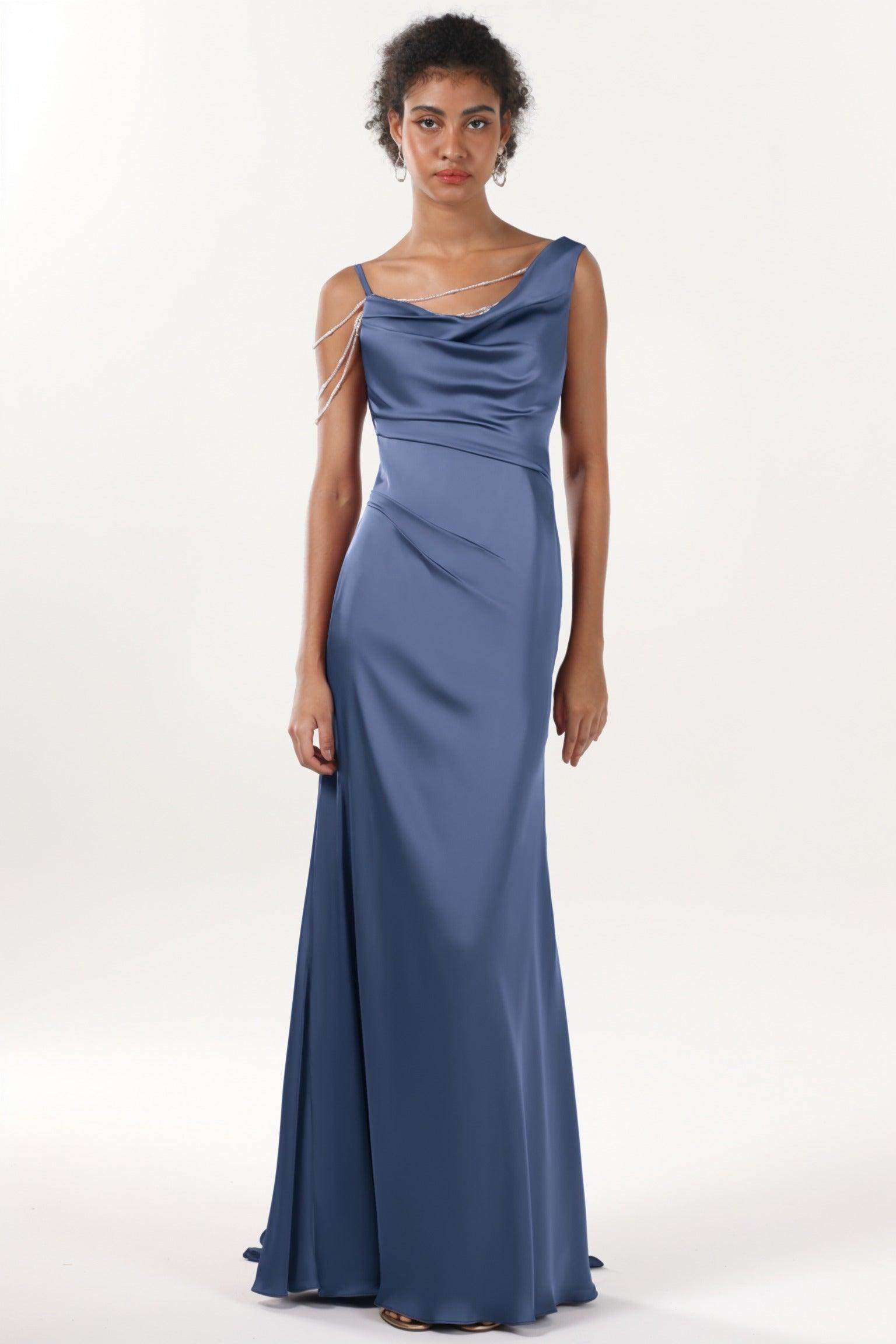 Sheath-Column Sweep-Brush Train Luxe Satin Bridesmaid Dress CS0600BM
